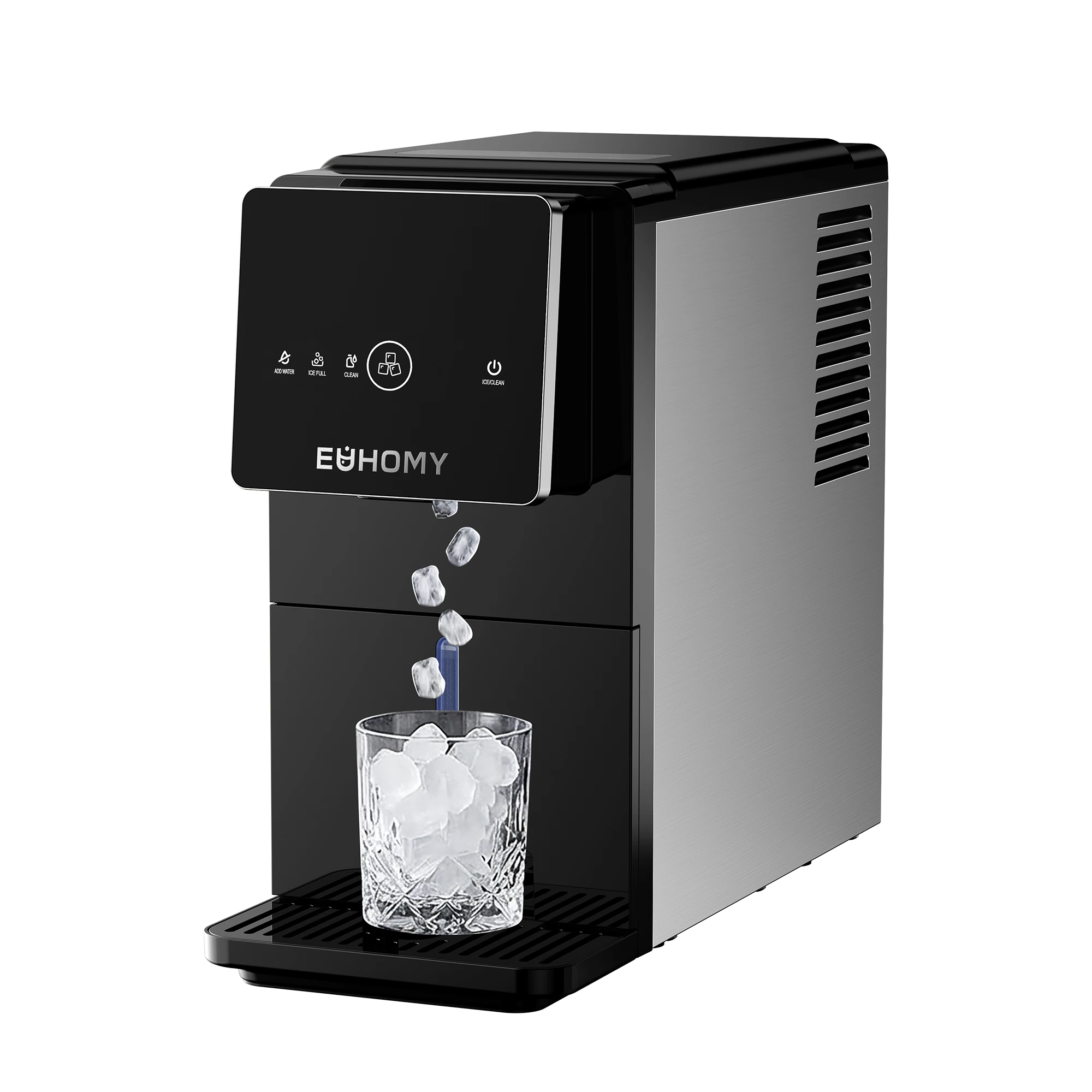 Euhomy Jet SE IM048 black and silver nugget ice dispenser with cup below the front outlet