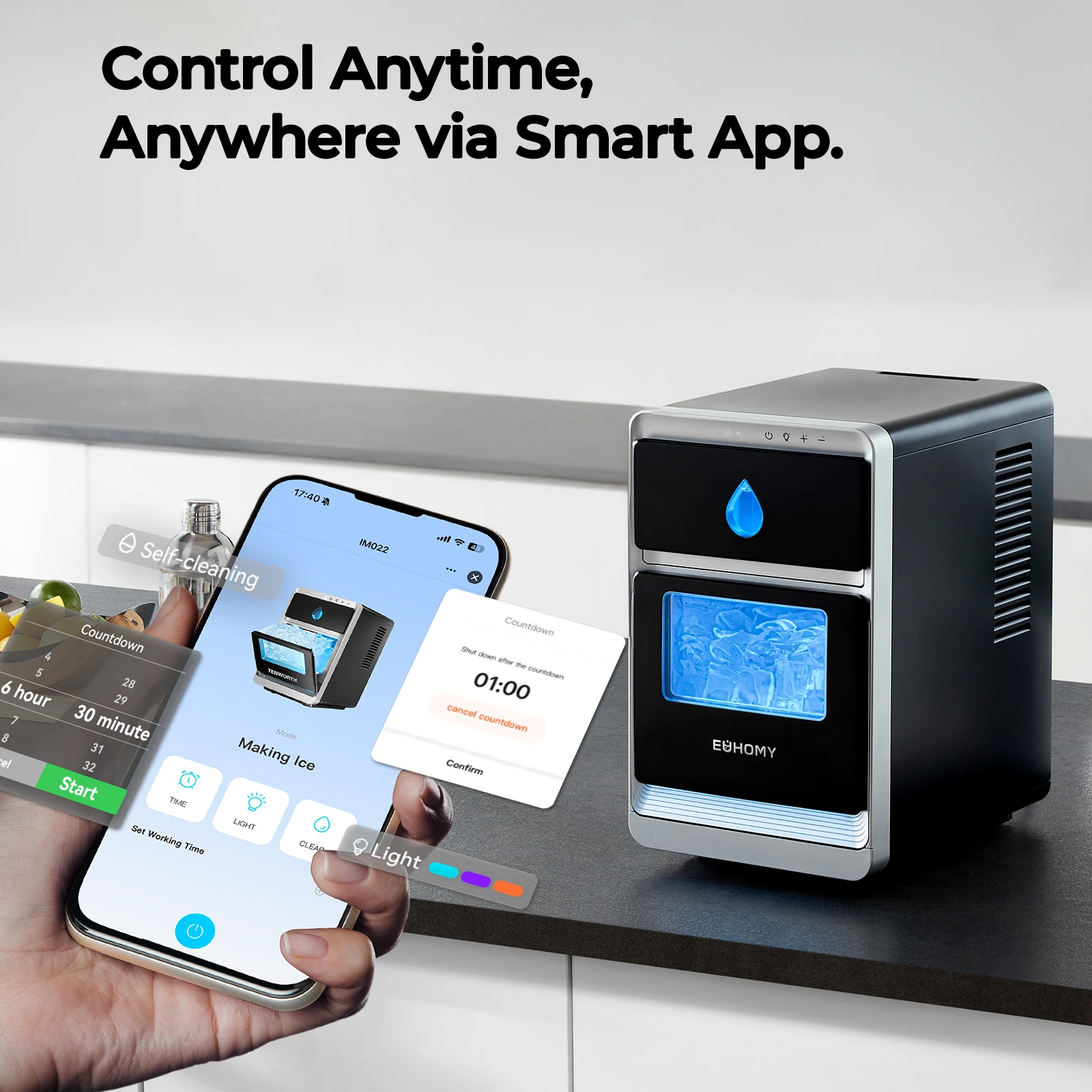 Euhomy Luna Pro manufacturer App-control illustration with a phone beside the ice maker