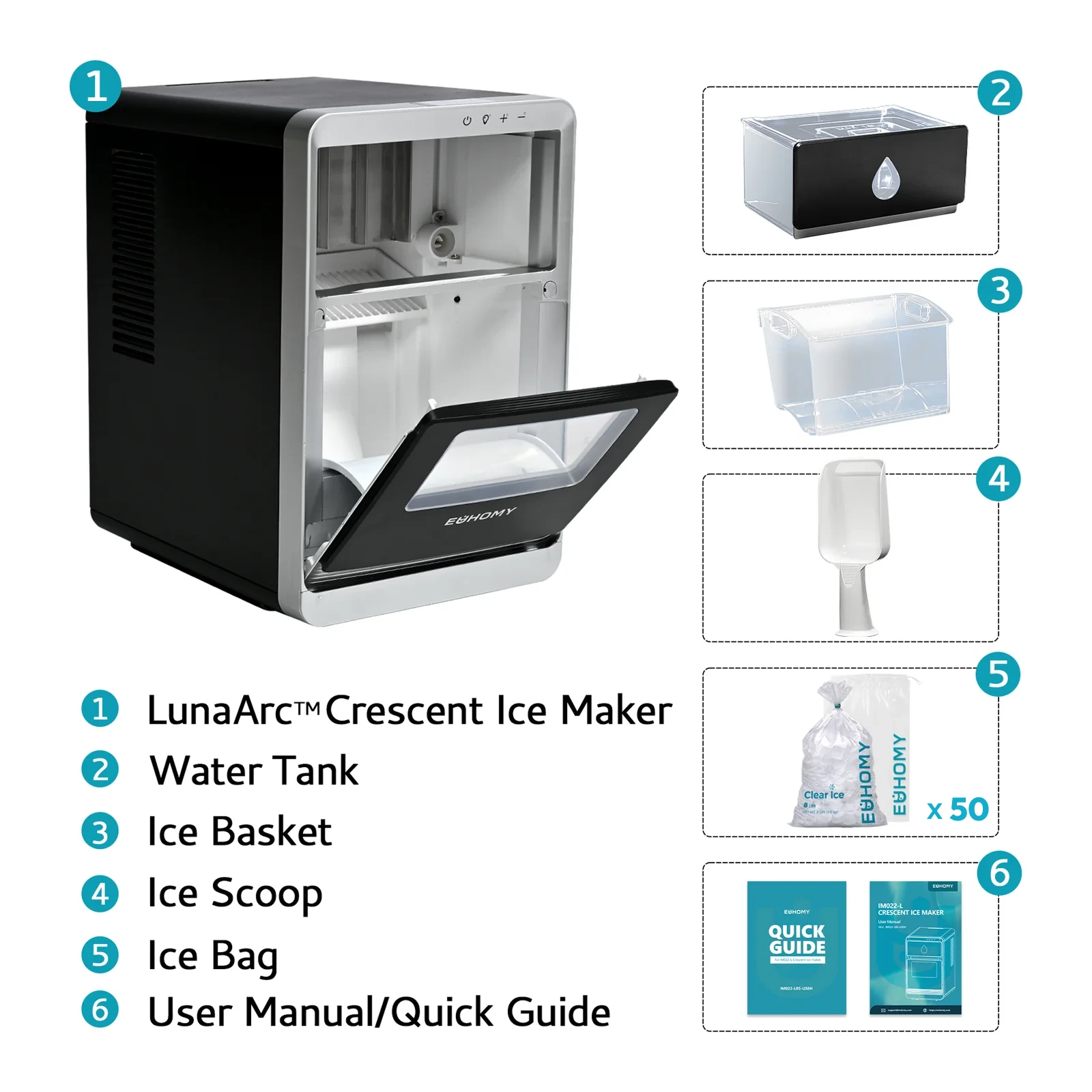 Euhomy LunaArc manufacturer illustration showing the cabinet, removable tank, basket and scoop