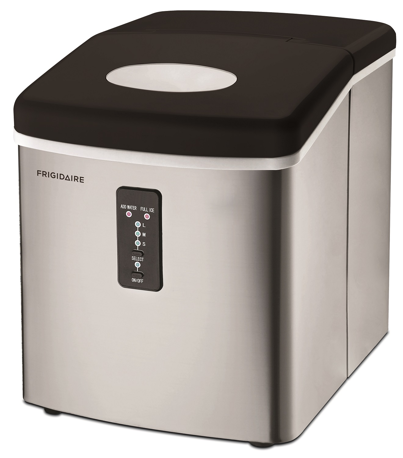 Frigidaire EFIC103 stainless ice maker with dark lid and L/M/S controls from the exact manufacturer page
