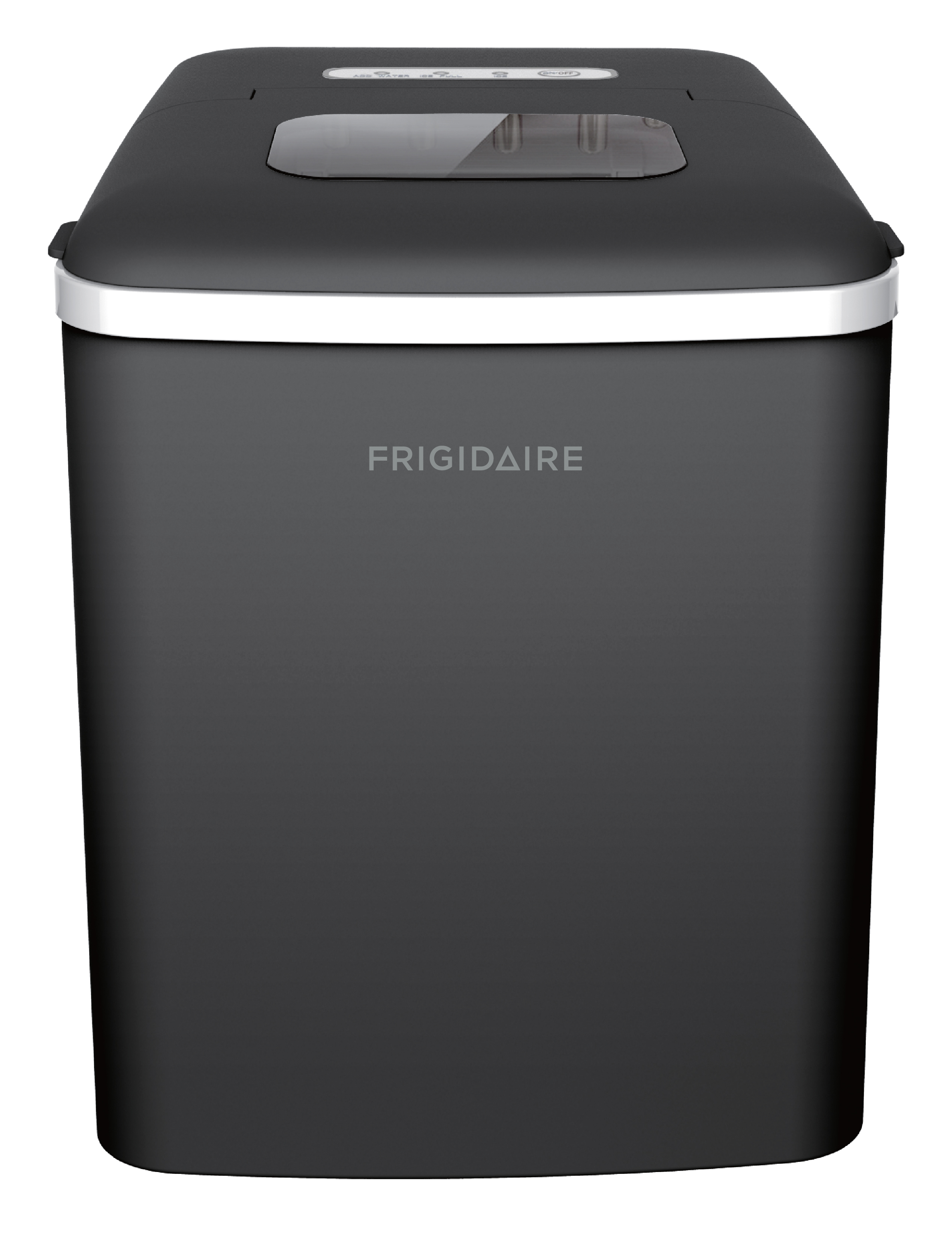 Manufacturer image showing the black Frigidaire EFIC108-C countertop ice maker with a wide lid and top control panel.
