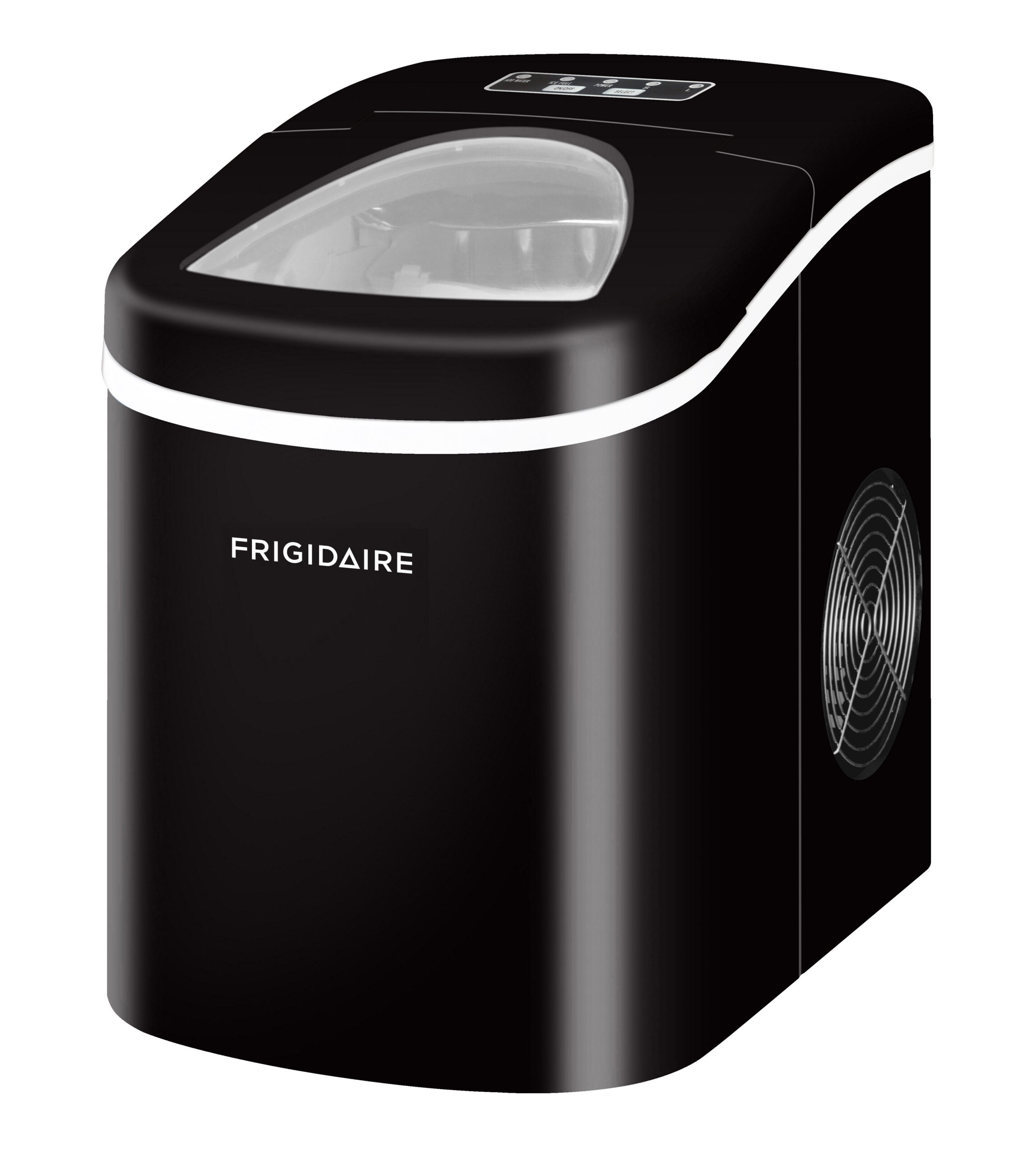 Manufacturer image showing the black Frigidaire EFIC108 countertop ice maker with a top control panel and transparent lid.