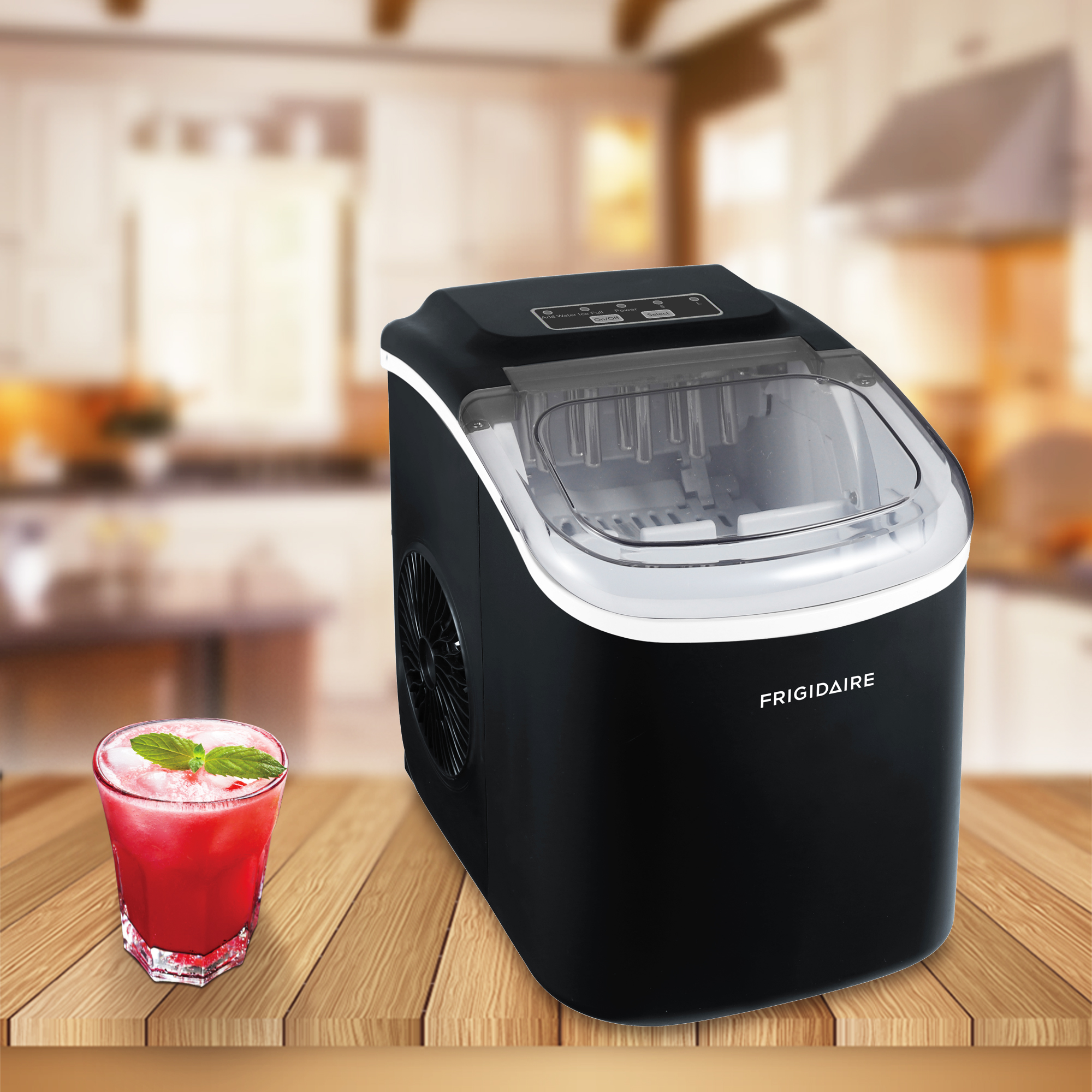 Frigidaire EFIC125-BLACK countertop bullet-ice maker with clear lid, as shown on the manufacturer page
