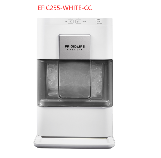 Exact white Frigidaire Gallery EFIC255-WHITE-CC nugget ice maker; model code appears above the appliance.