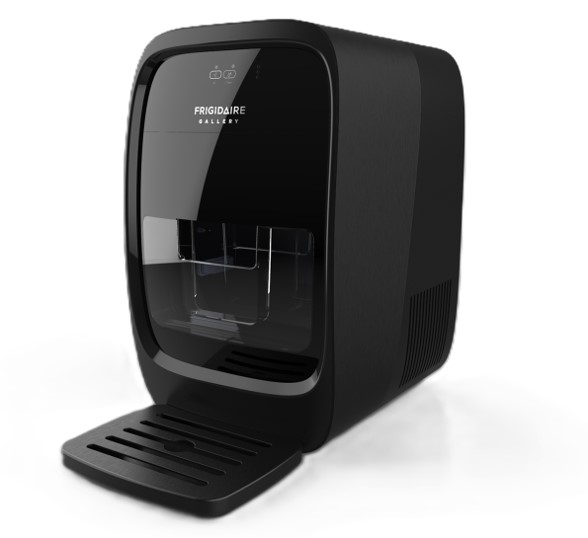 Manufacturer page image for the black Frigidaire FGIC250 dual-shape countertop ice maker with front drawer and viewing window