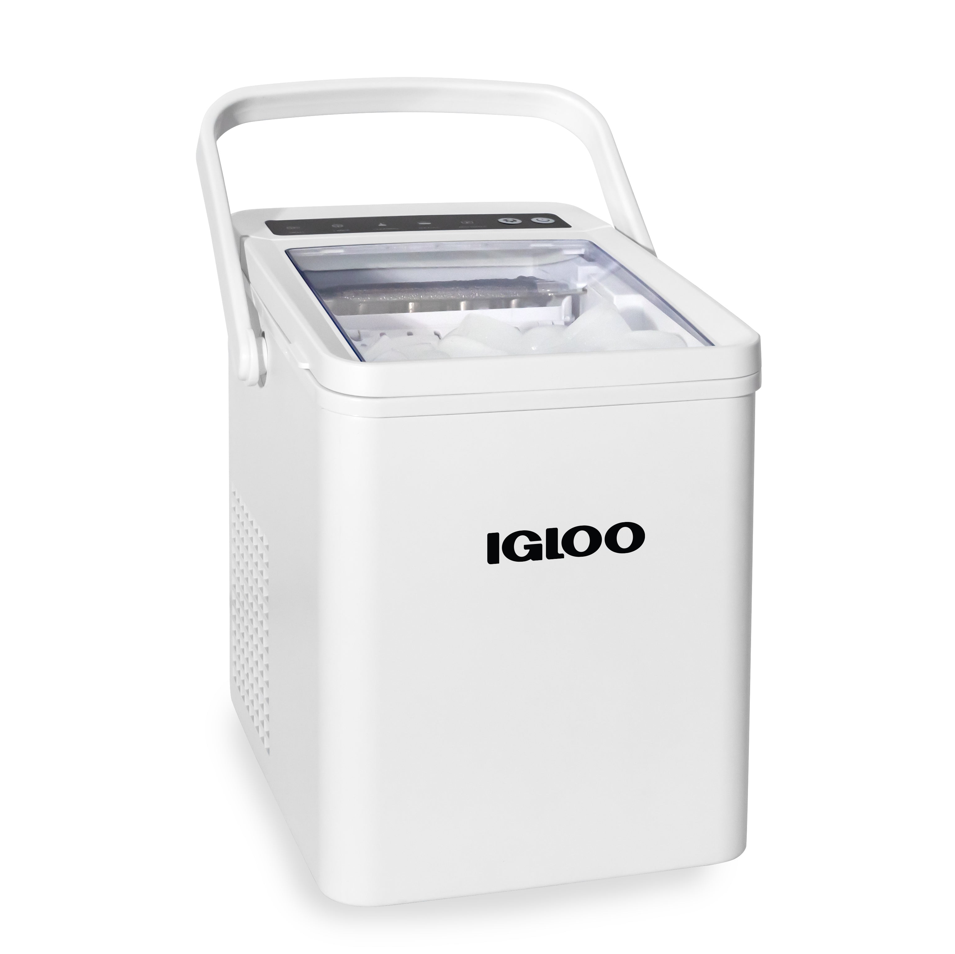 White Igloo IGLICEB26HNWH carry-handle countertop ice maker with clear lid and front control panel