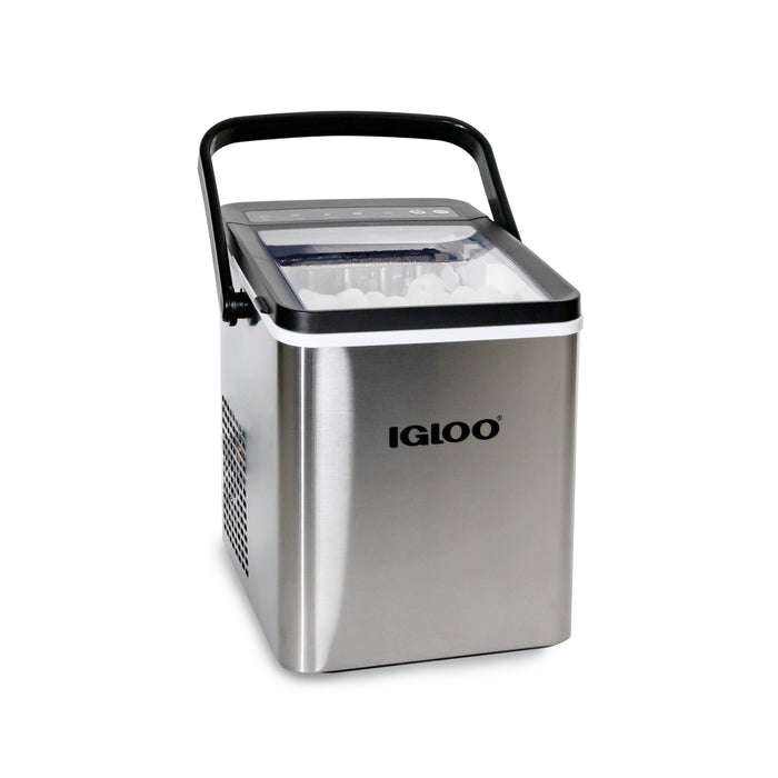 Stainless steel Igloo IGLICEB26HNSS carry-handle countertop ice maker, shown with black handle, clear lid and front controls