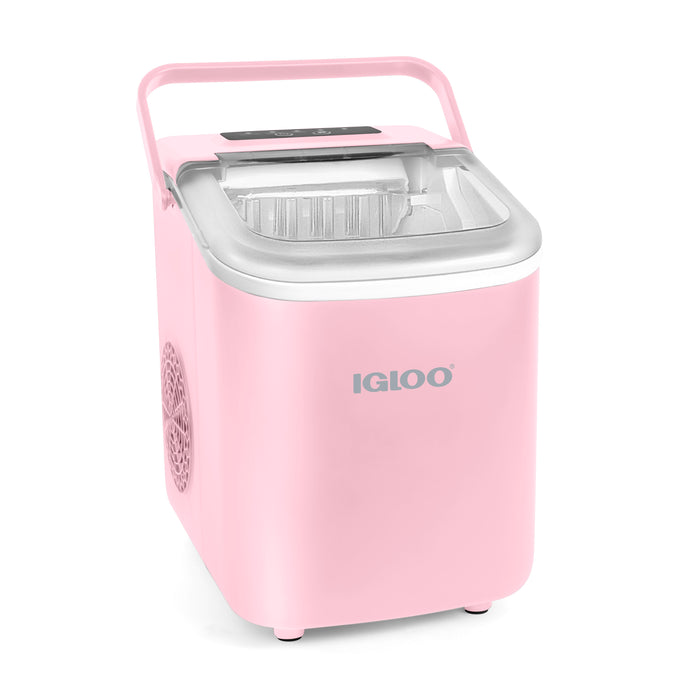 Pink Igloo IGLICEB26HNPK carry-handle countertop ice maker, shown with the pink body and exact manufacturer finish image
