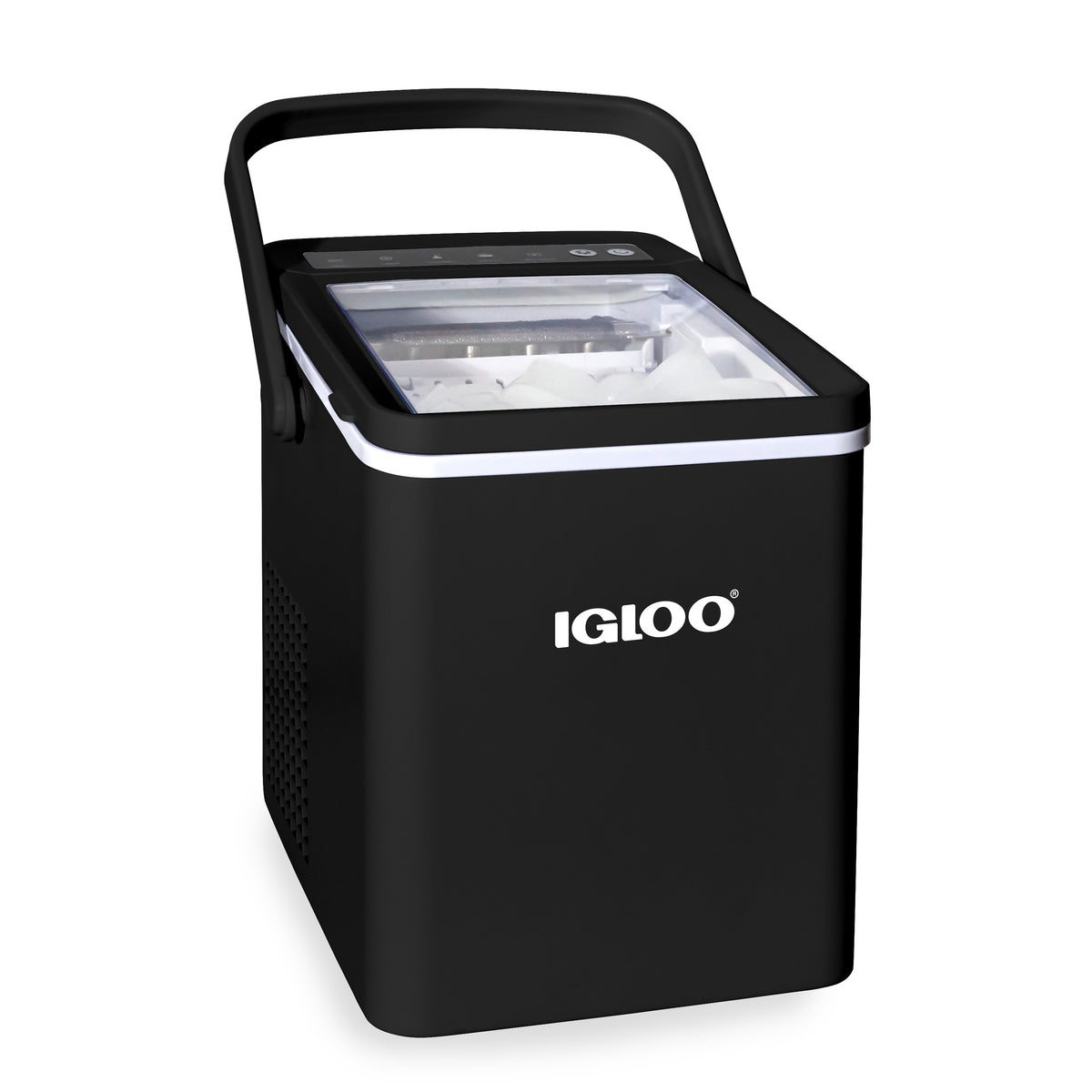 Black Igloo IGLICEB26HNBK carry-handle countertop ice maker, shown with the black handle, clear lid and front controls