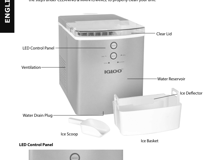 Silver Igloo IGLICEB33SL with top lid, front controls, removable basket and scoop; manufacturer manual illustration, not a photograph.