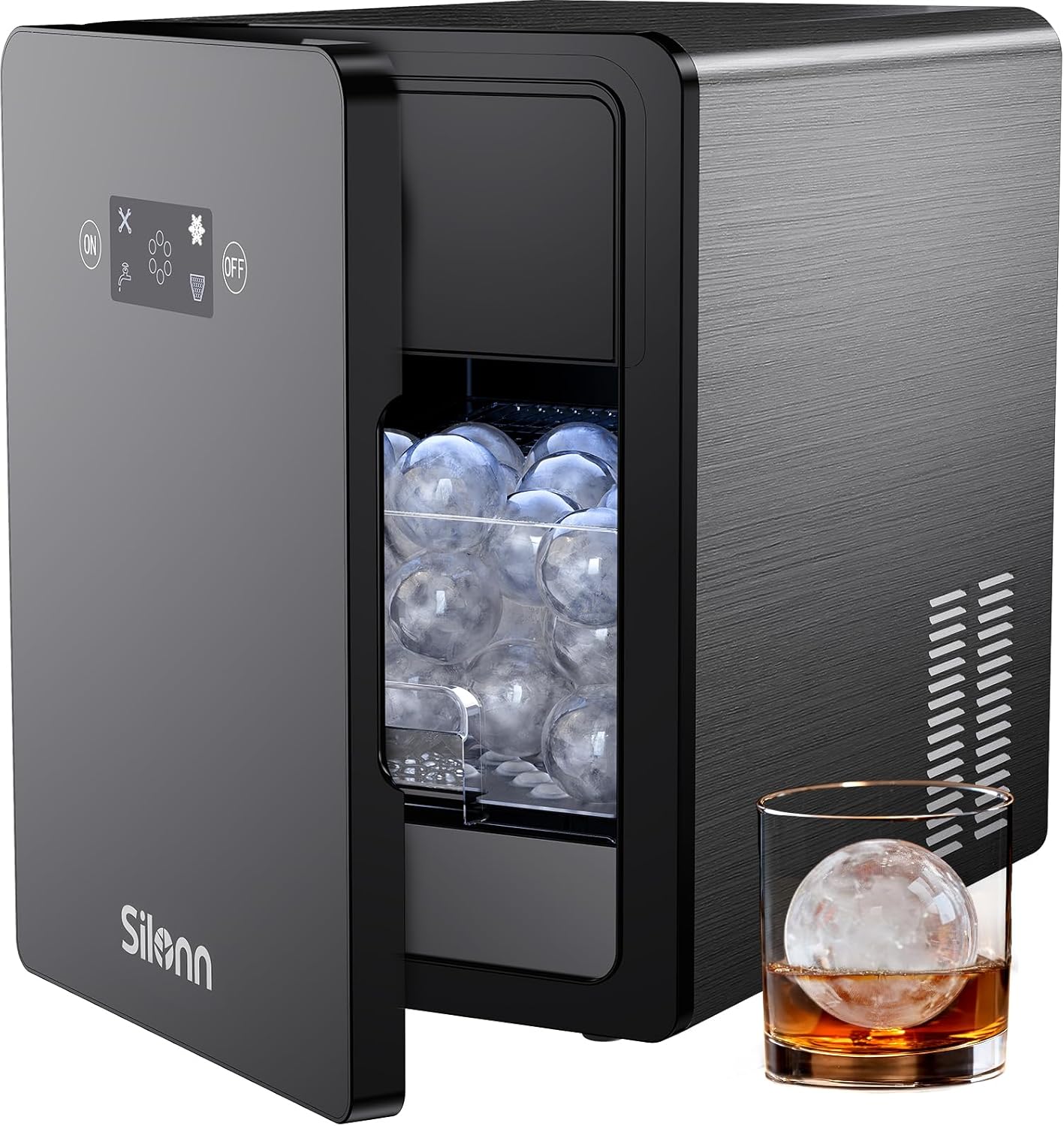 Silonn SLICM57B-US black countertop sphere ice maker with spheres behind its front window