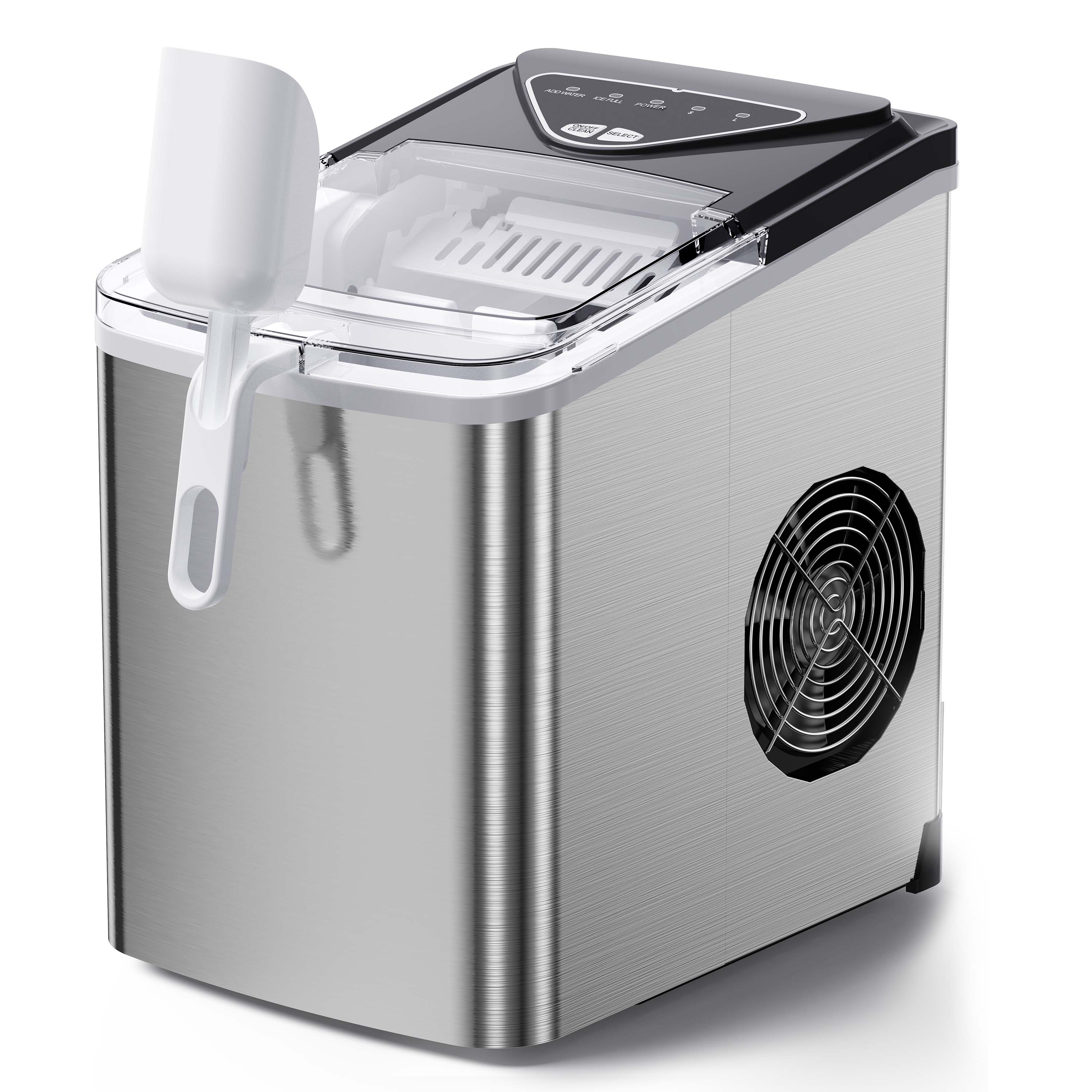 Silonn SLIM01-1 stainless countertop bullet ice maker with transparent basket and white basket handle