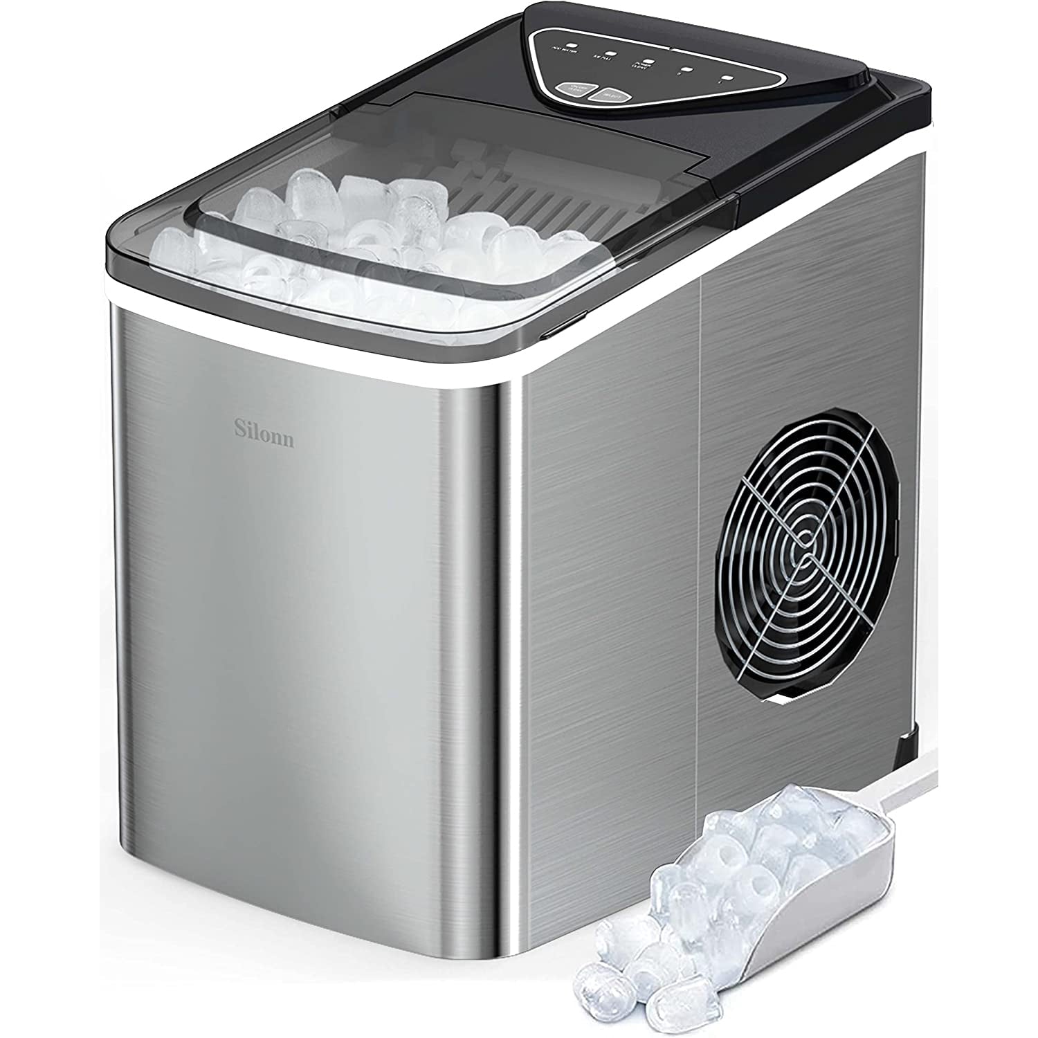 Silonn SLIM01 stainless-steel countertop bullet ice maker with transparent upper basket