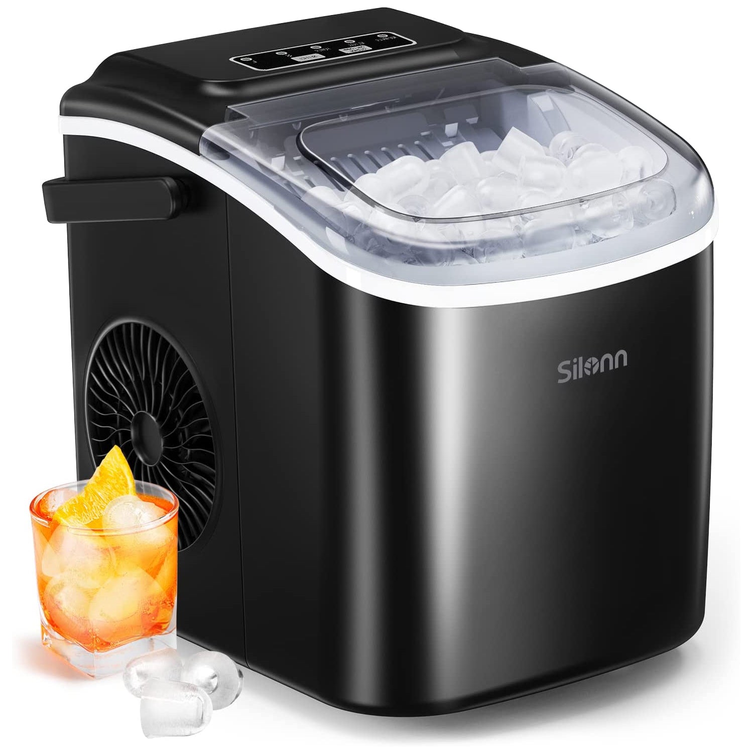 Silonn SLIM09B black handled countertop bullet ice maker with clear lid