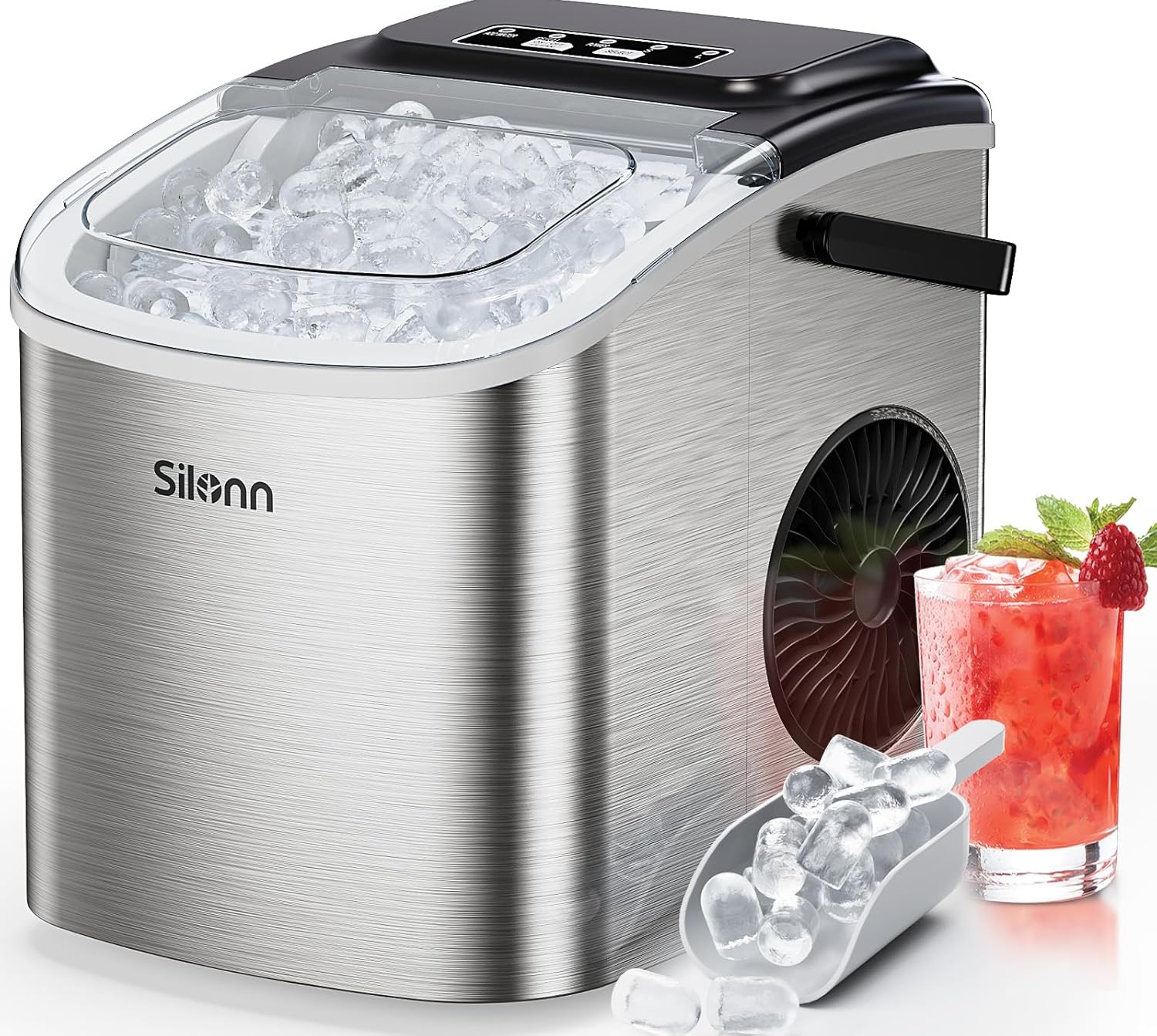 Silonn SLIM09T stainless-finish countertop bullet ice maker with clear lid and side handle