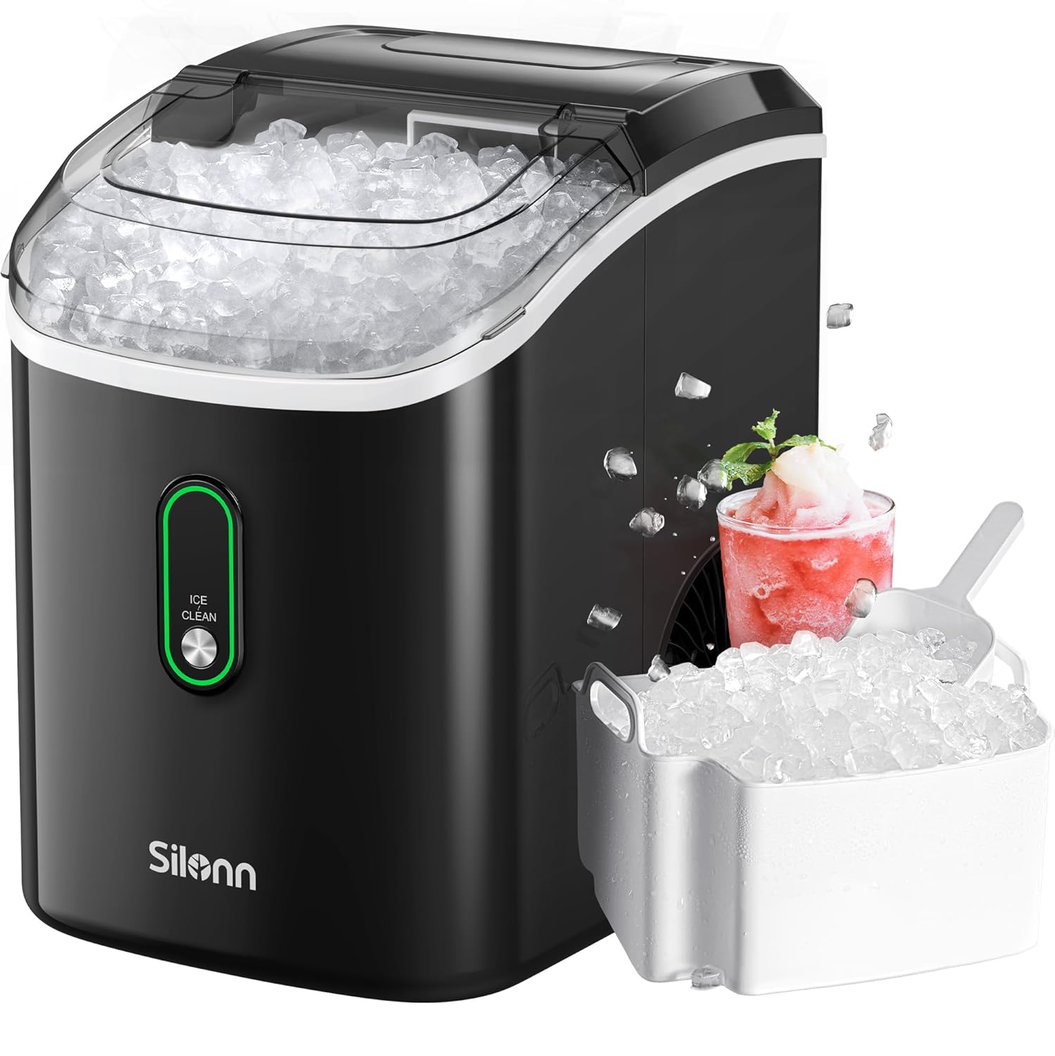 Black Silonn SLIM17B-PRO-US countertop nugget ice maker with clear top and removable basket