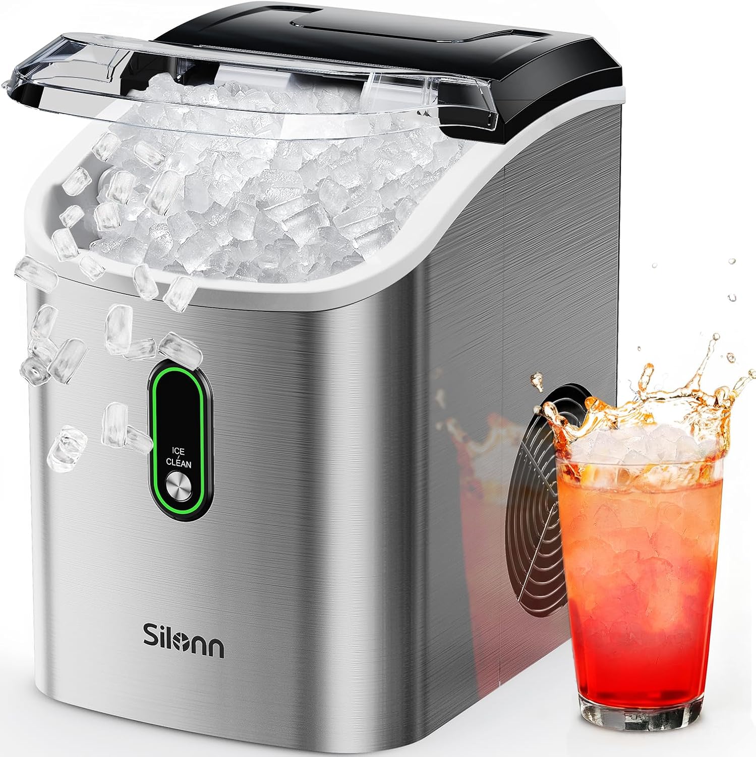 Silonn SLIM17T-PRO-US page-linked nugget ice maker image showing a stainless-looking cabinet