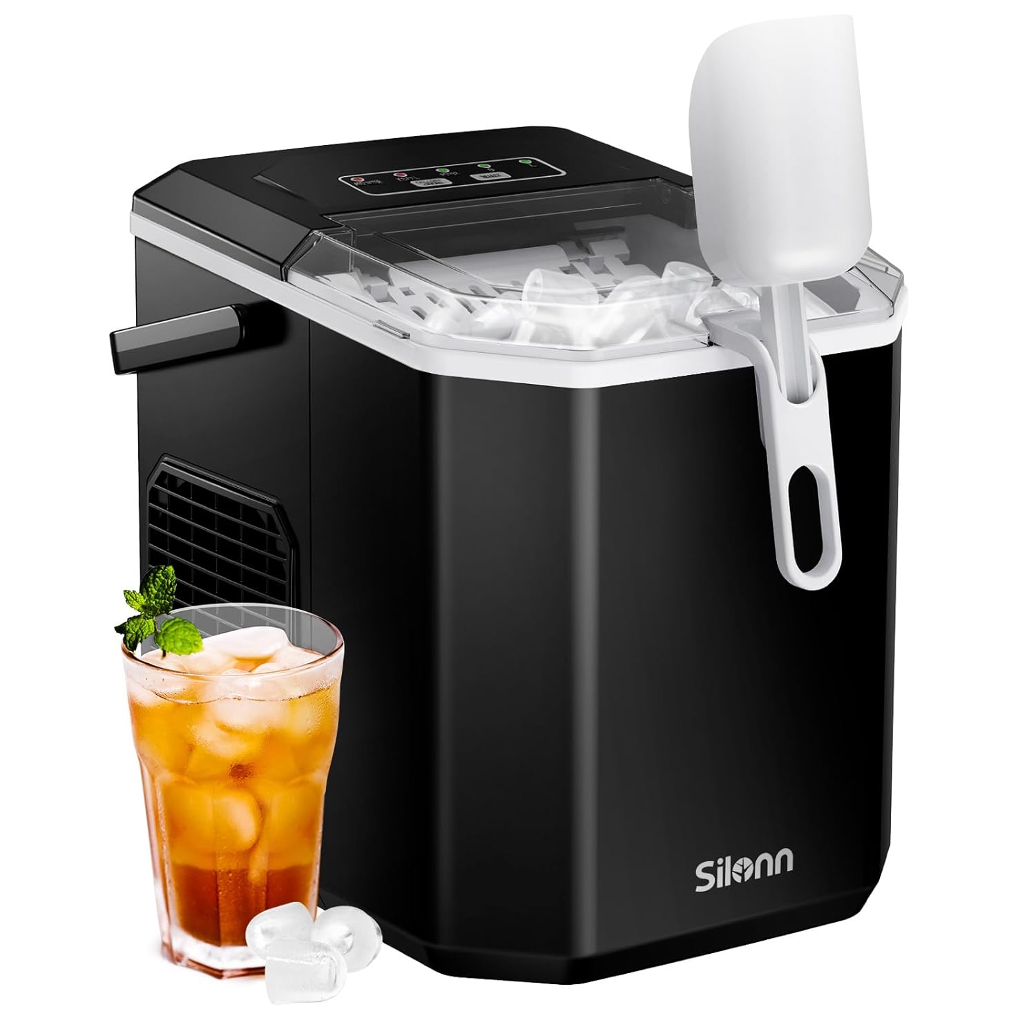 Black Silonn SLIM21B countertop bullet ice maker with side carry handle and basket scoop.