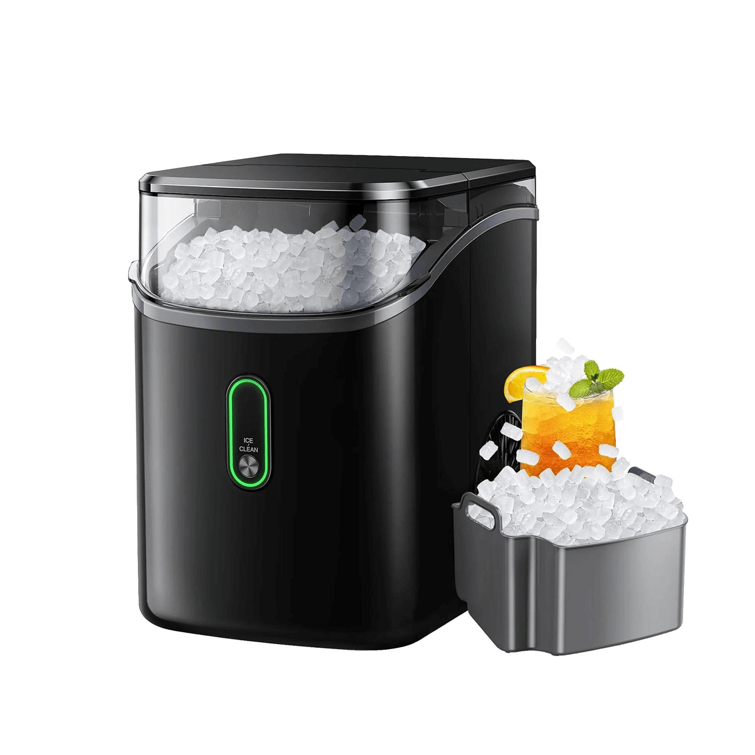 Silonn SLIM24B black countertop nugget ice maker with clear ice bin
