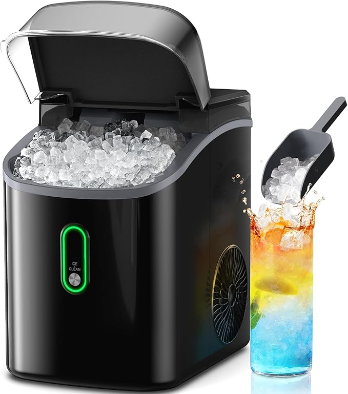 Silonn SLIM24B-US black countertop nugget ice maker with lid raised and its collection basket