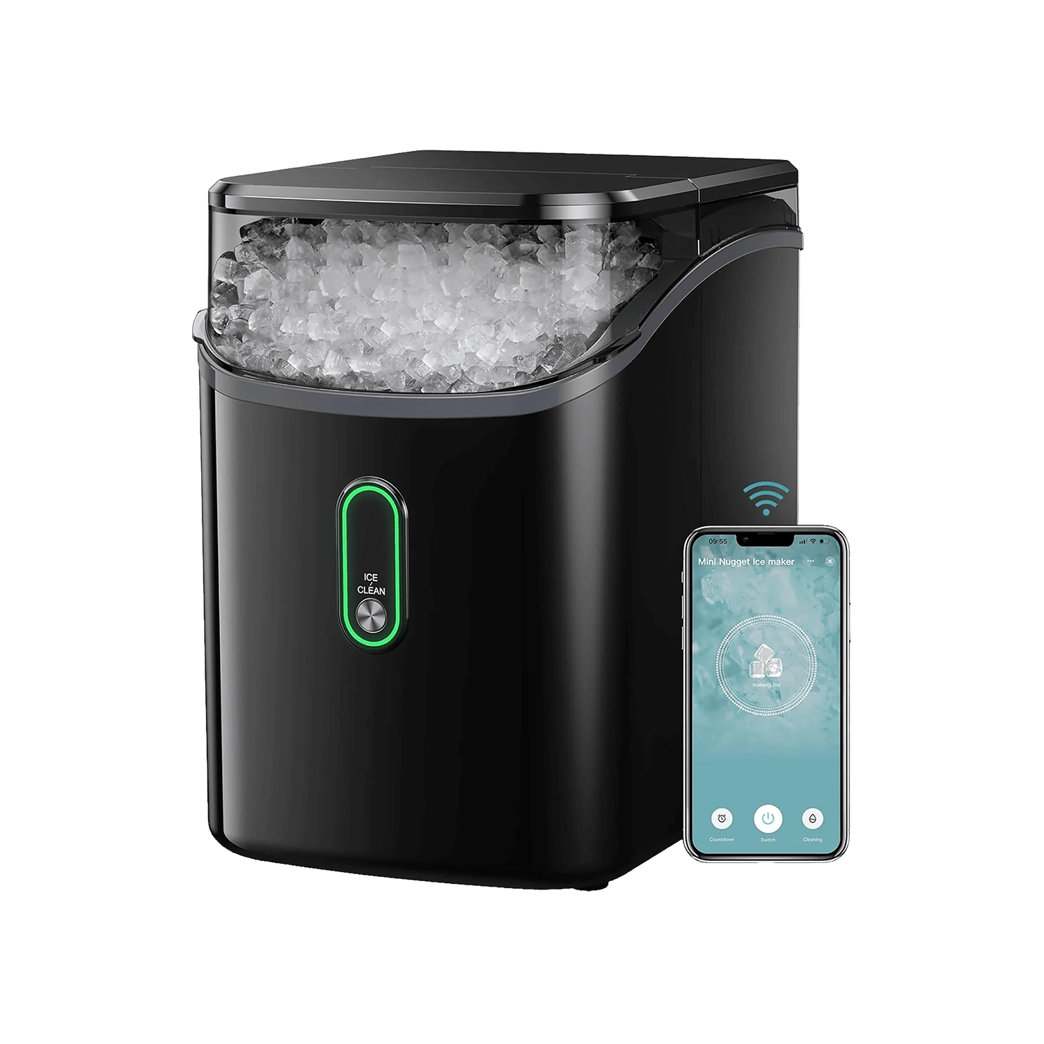 Black Silonn SLIM24B-WF nugget-ice maker with app phone graphic and front ICE/CLEAN control