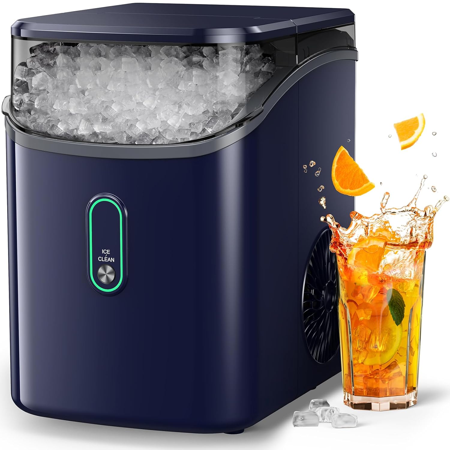 Exact blue Silonn SLIM24BU manufacturer gallery image showing a clear nugget-ice bin and ICE/CLEAN control