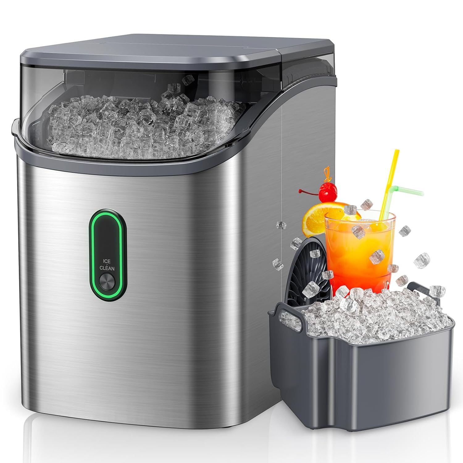 Exact stainless Silonn SLIM24T-US manufacturer gallery image showing a clear nugget-ice bin and ICE/CLEAN control