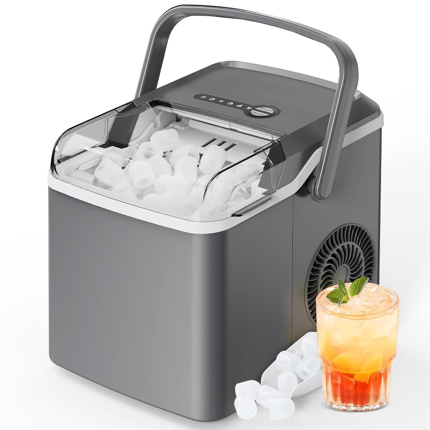 Grey Silonn SLIM25G bullet ice maker with raised flip-up carrying handle and visible hollow ice pieces.