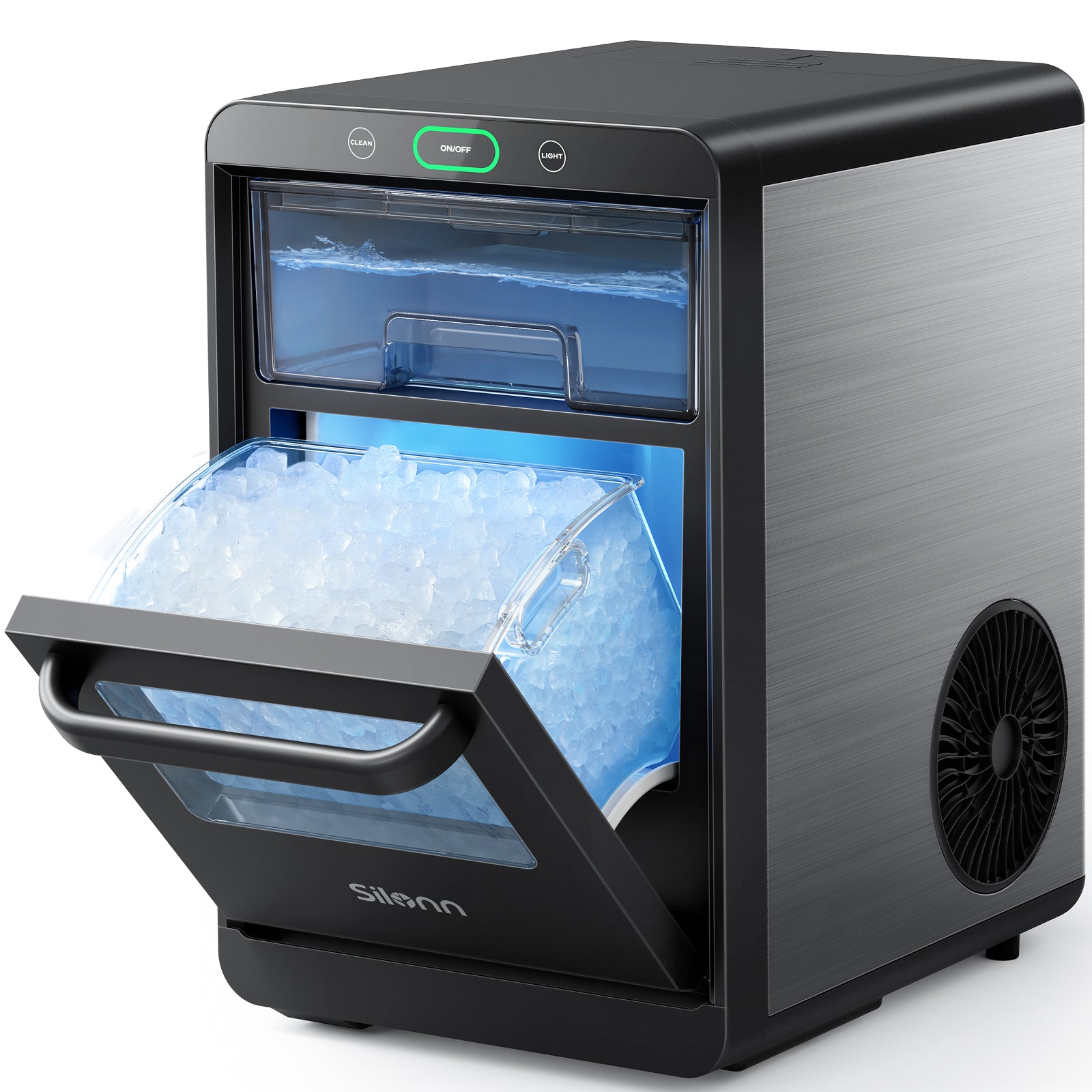 Silonn SLIM32T countertop nugget ice maker with stainless side panels and pull-out collection basket