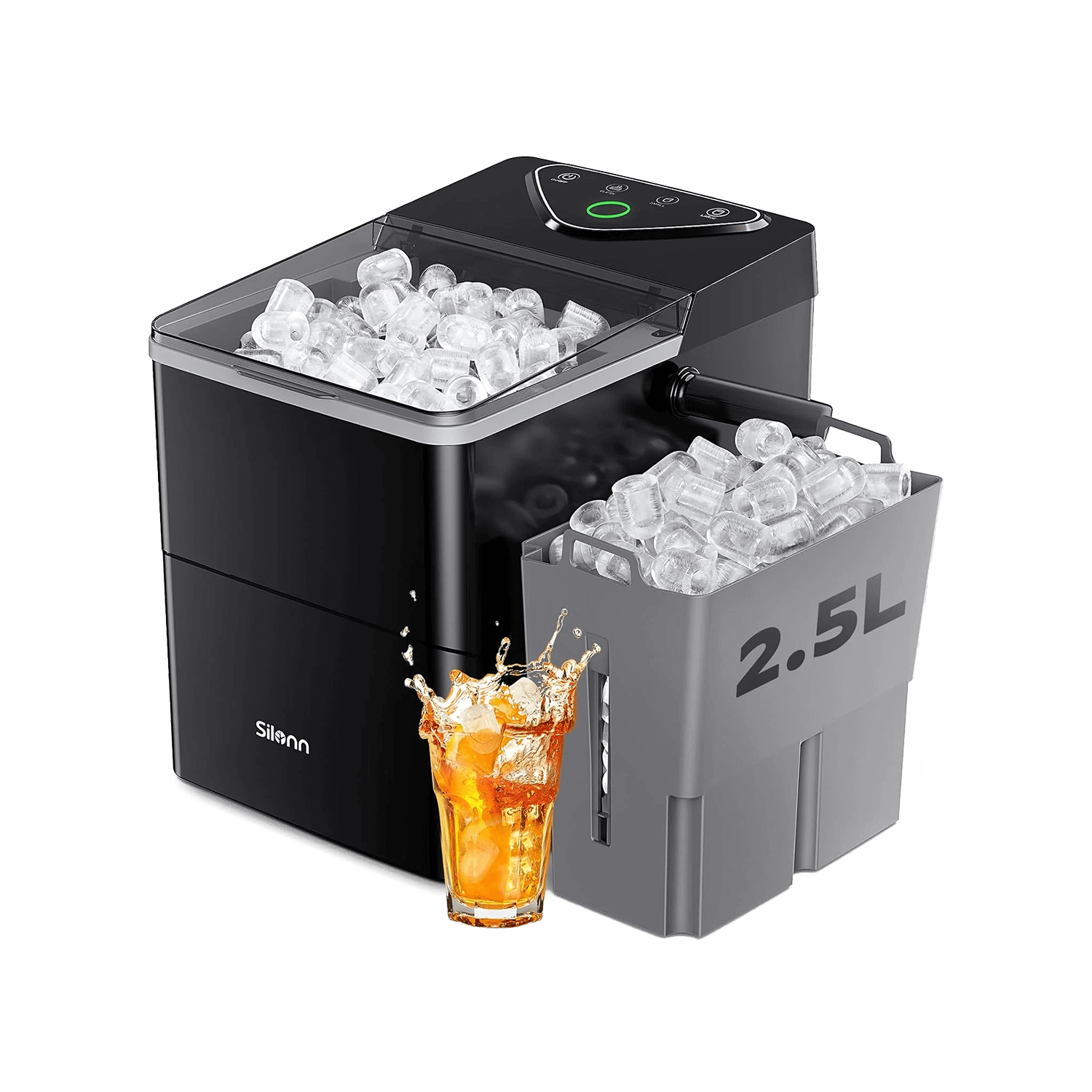 Silonn SLIM33B countertop ice maker shown with its 2.5-liter expanding basket